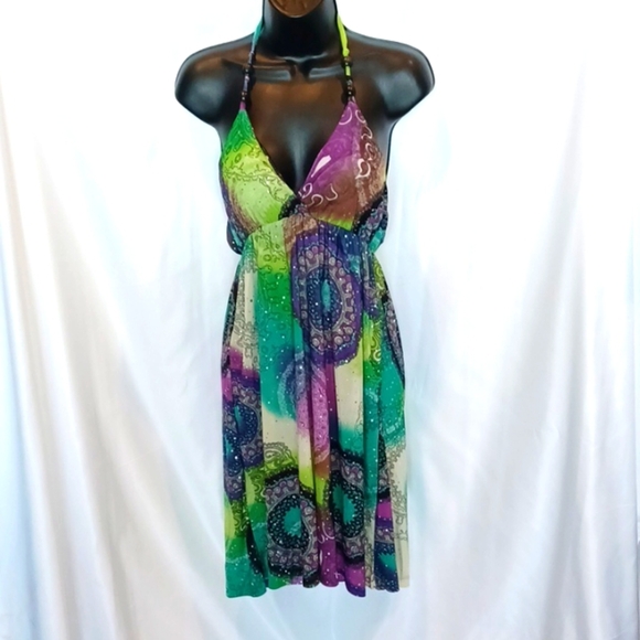 💜Cristinalove Purple Paisley Halter Neck Sleeveless Dress Large - Picture 1 of 6